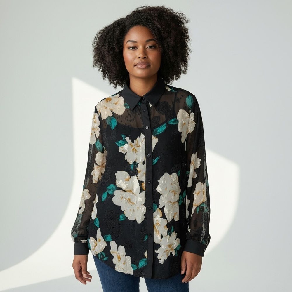 SHEIN Long Sleeve Black White Floral Button Down Sheer Dressy Shirt size 3 XL